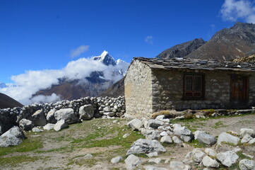 Hiking at the foot of Lhotse, Ama Dablam and Mount Everest in the Himalayan Khumbu Valley, Nepal