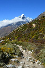 Hiking at the foot of Lhotse, Ama Dablam and Mount Everest in the Himalayan Khumbu Valley, Nepal