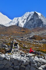 Hiking at the foot of Lhotse, Ama Dablam and Mount Everest in the Himalayan Khumbu Valley, Nepal