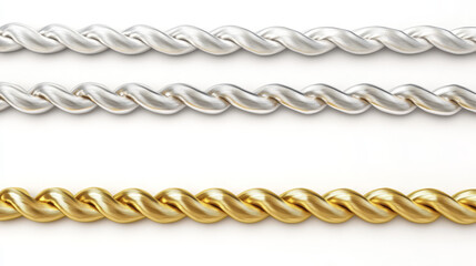 Obraz premium Gold and silver ropes, twisted twines isolated on white background. Vector realistic set of 3d golden and metal satin cords. Decoration borders of straight silk strings