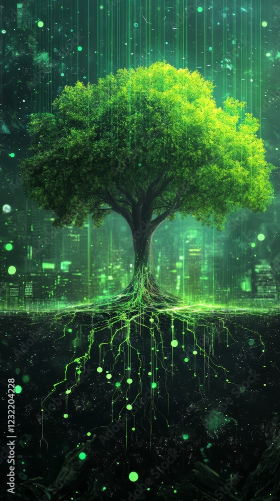 Poster luminescent tree roots networking digital cityscape, embodying technological ecosystem merging organ