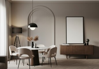 Modern dining room, minimalist interior, round marble table, beige upholstered chairs, black floor lamp, large blank picture