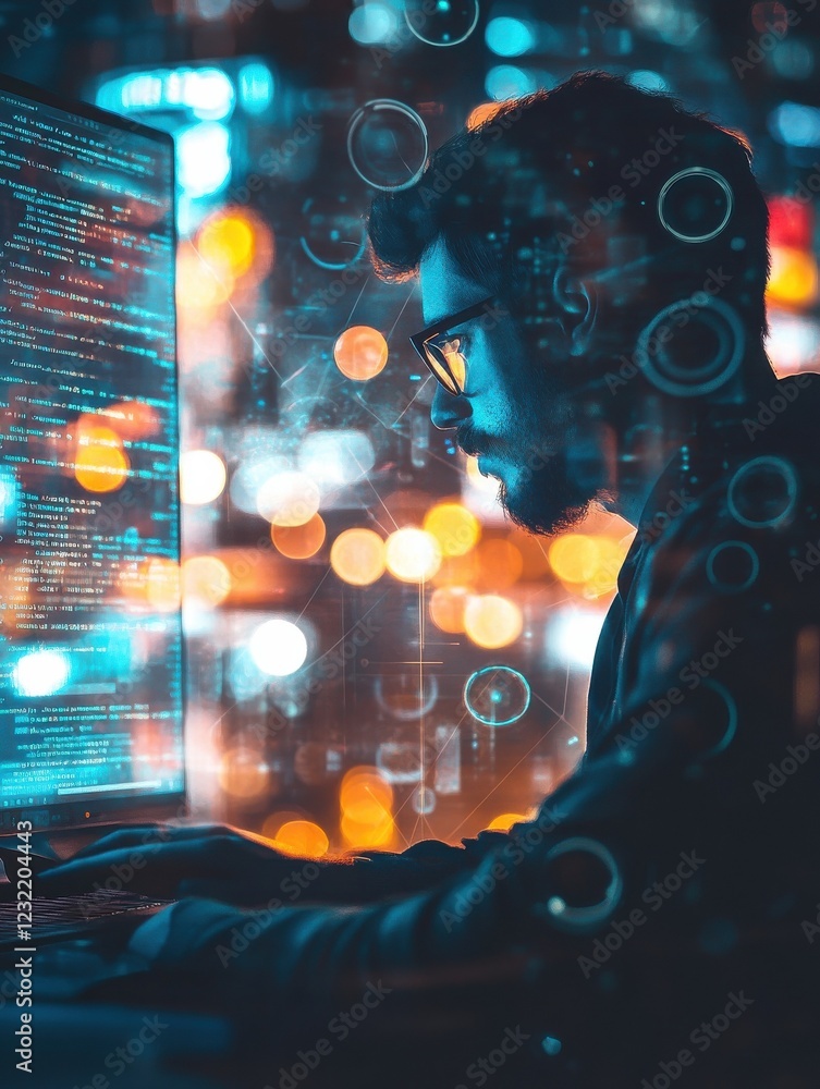 Poster double exposure of seo icon with man working on computer on background. concept of search engine opt