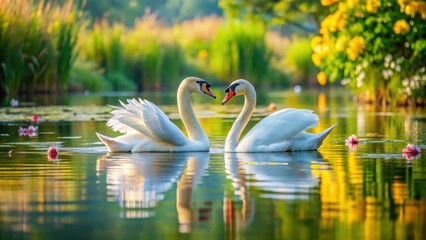 Obraz premium A pair of swans swim side by side in a serene lake surrounded by lush greenery and vibrant water lilies, nature photography, soft focus