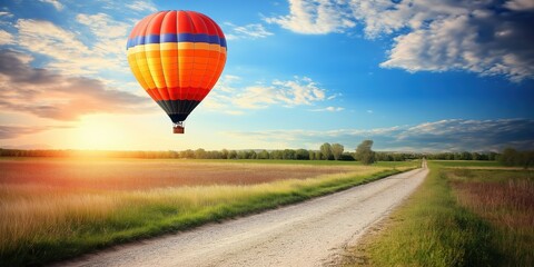 Colorful hot air balloon flying over a countryside road at sunset, creating a serene and picturesque scene with beautiful golden light illuminating the landscape