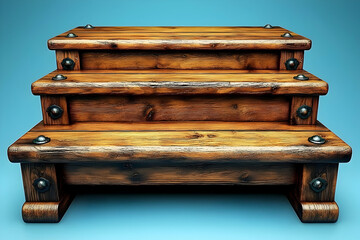 Fototapeta premium Rustic wooden three-step stand, blue background, product display
