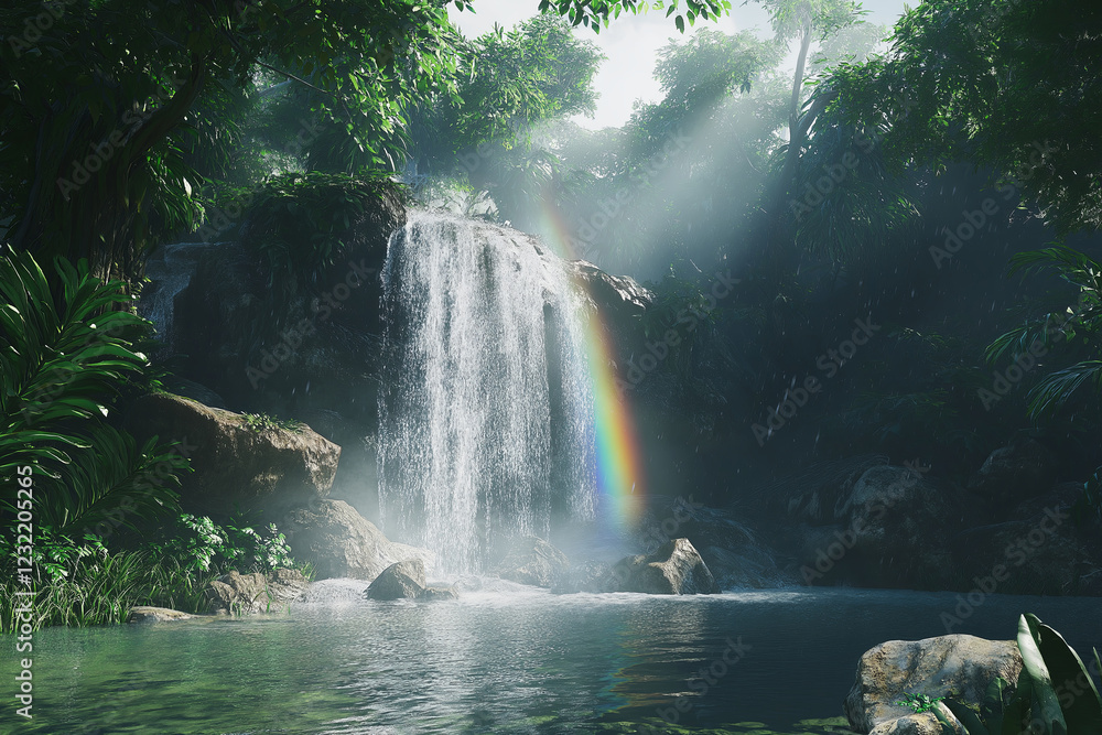 Poster a misty waterfall in a lush jungle, with sunlight breaking through the canopy, creating a rainbow