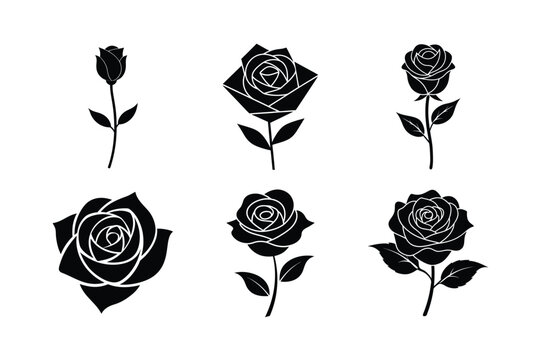 Romantic rose flower bundle silhouette black set