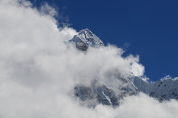Hiking at the foot of Lhotse, Ama Dablam and Mount Everest in the Himalayan Khumbu Valley, Nepal