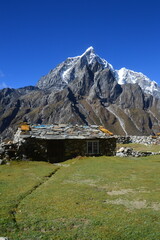 Hiking at the foot of Lhotse, Ama Dablam and Mount Everest in the Himalayan Khumbu Valley, Nepal