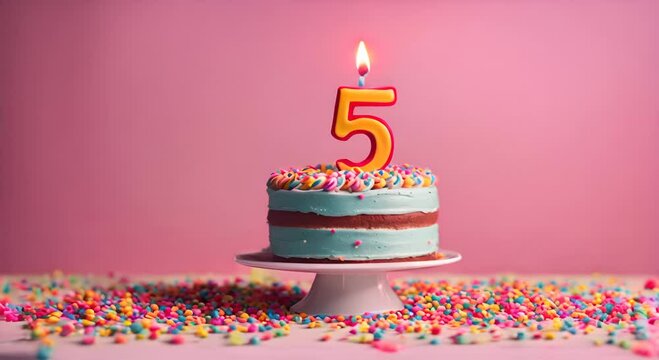 5th birthday celebration cake, with candles in the shape of the number 5.