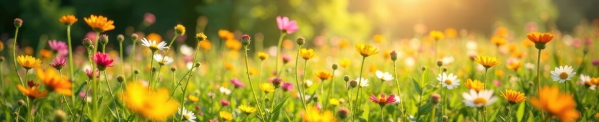 Sun-drenched meadow, wildflowers bloom vibrant , bright, buttercup, spring