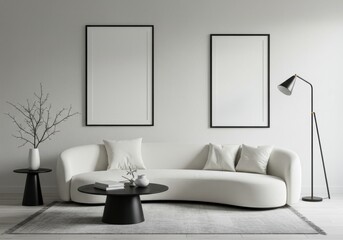Minimalist living room, white curved sofa, black round coffee table, sleek floor lamp, large empty picture frame, decorative branch in vase, monochromatic color