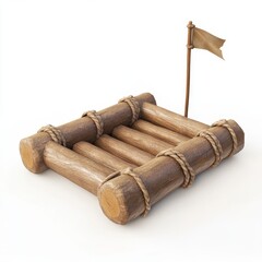 Fototapeta premium Wooden Raft with Flag on White Background for Adventure Concept
