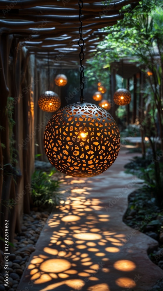 Poster a serene pathway illuminated by intricately designed lanterns casting enchanting shadows. the warm l