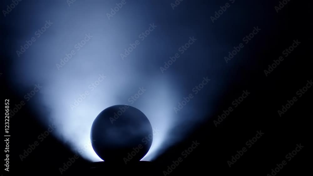 Poster white smoke swirling slowly around dark spherical object. enveloping experimental surface with myste