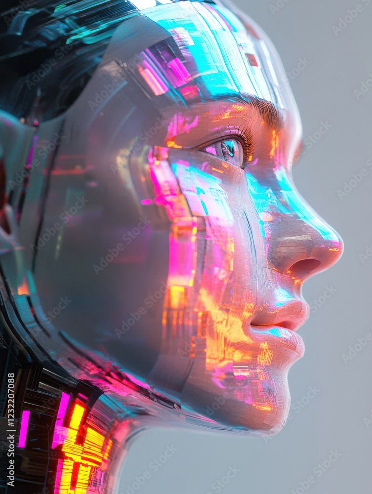 Poster an advanced stock neural network chatbot. a holographic ai chatbot assistant.