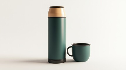 Stylish teal thermos and matching cup on a minimalist background