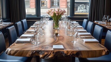 Elegant city restaurant long table setting