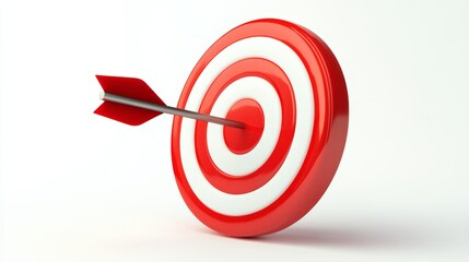 Red and White Target with Arrow Hitting the Center on White Background