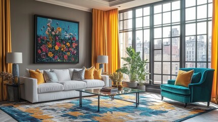 Modern living room with city view, yellow curtains, and colorful rug.