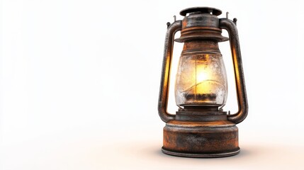 Antique Lantern with Warm Light on Isolated White Background