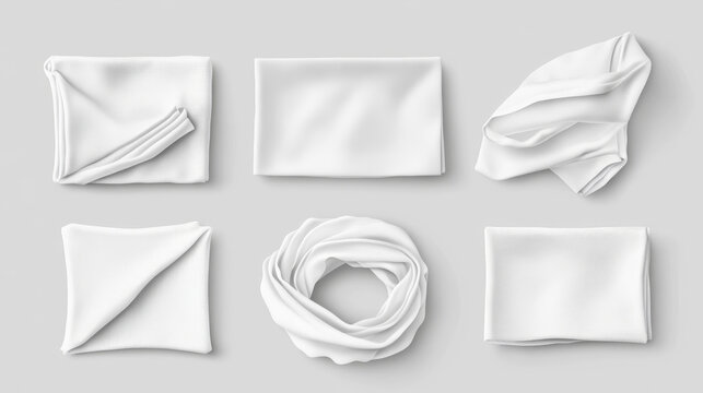 White handkerchief mockup - empty folded cotton or silk fabric napkin or kitchen towel. Realistic vector set of microfiber dishcloth or picnic plaid. Template of blank blanket or cloth serviette.
