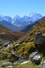 The stunning Himalayan Mountain ranges with snowy  glaciars and breathtaking views of Mount Everest, Ama Dablam and Lhotse while trekking