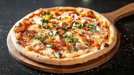 A futuristic pizza featuring neon-colored toppings and glittery cheese, served in a space-themed restaurant with stars and planets as decor