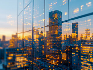 Lit office building windows glow warm against the blue evening, showing bustling city life and after-hours activity. Concept: Urban work culture.