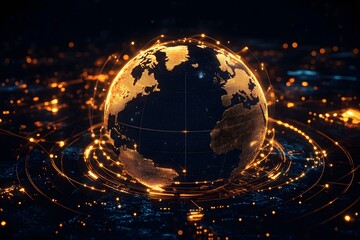 A black background with the glowing outline of Earth on top, and digital data lines forming an array around it. The globe is made up of gold and orange neon lights