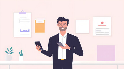 Fototapeta premium Businessman Tech Profile with Smartphone in Modern Office Setting