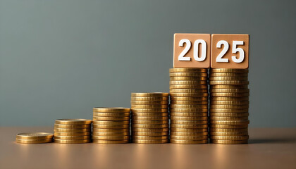 Stacks of golden coins arranged in ascending order on a smooth surface, with wooden blocks on top displaying '2025' in white numerals, against a clean, neutral gray background with no shadows.