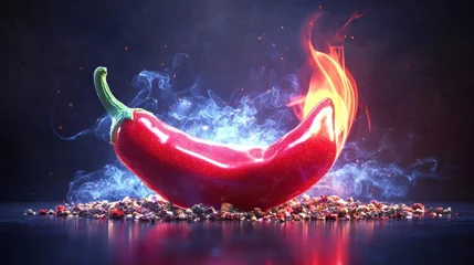 Plexiglas schilderij Hete pepers Fiery chili pepper igniting spices in a dark studio food photography vibrant atmosphere  © kidmad
