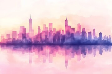 Fototapeta premium A watercolor skyline of City, blending shades of pink and purple to create an elegant cityscape