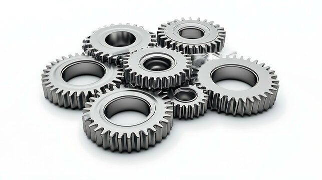 A 3D-rendered image of multiple gears interlocking, showcasing mechanical connection and teamwork, isolated on a white background