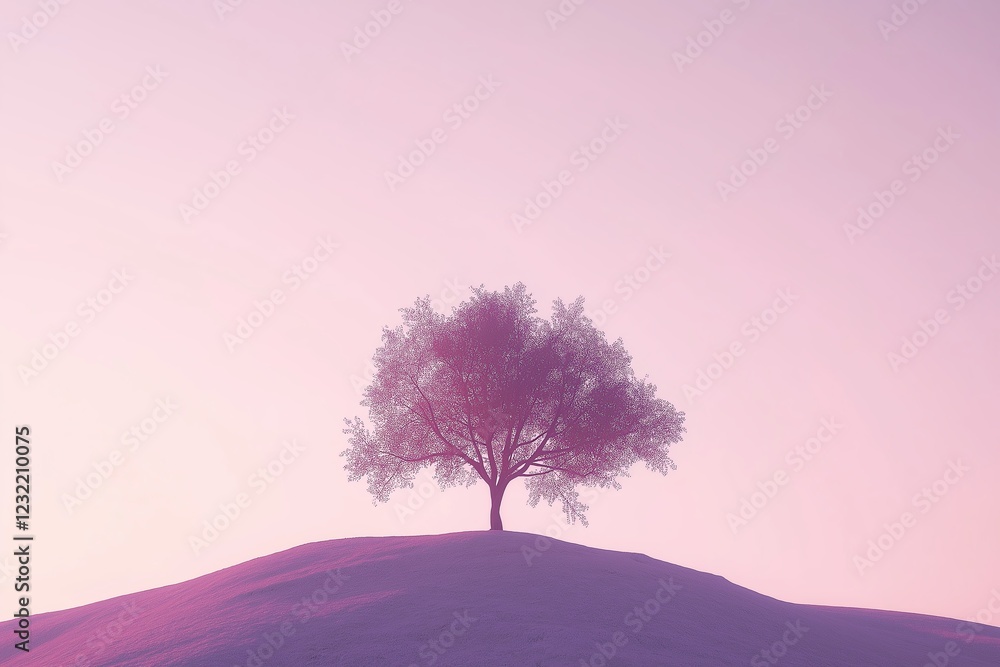Poster A single tree on a hill under a gradient sky transitioning from soft pink to deep purple