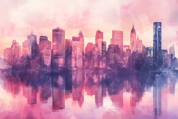 Obraz premium A watercolor skyline of City, blending shades of pink and purple to create an elegant cityscape