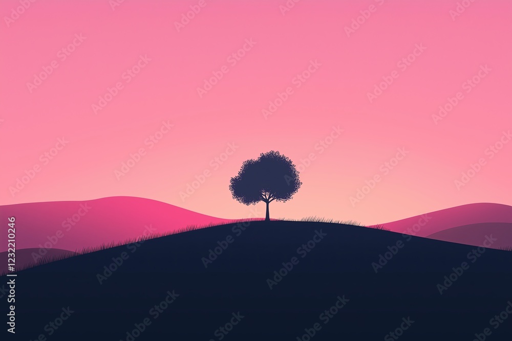 Poster A single tree on a hill under a gradient sky transitioning from soft pink to deep purple