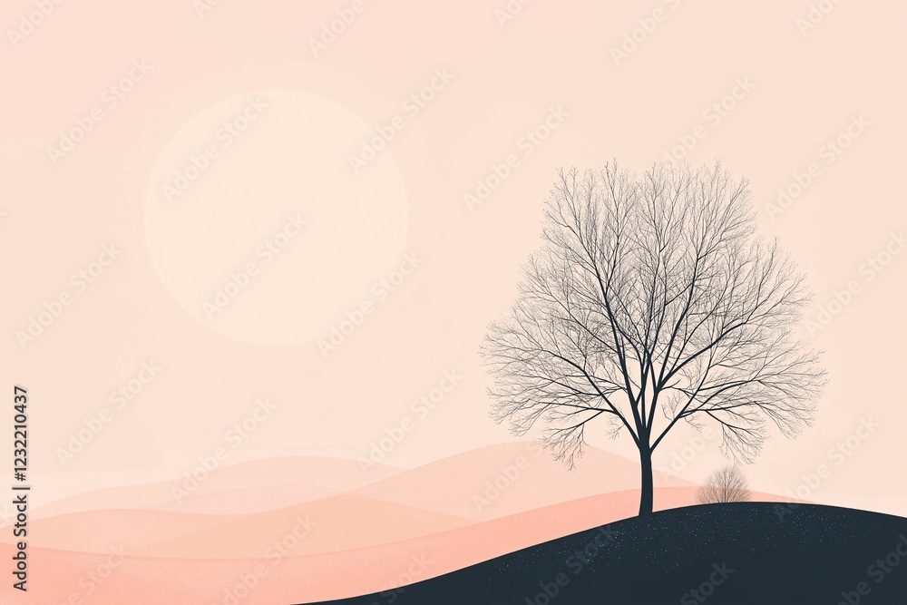 Sticker A single tree on a hill under a soft pastel sky, with warm tones and a calming atmosphere