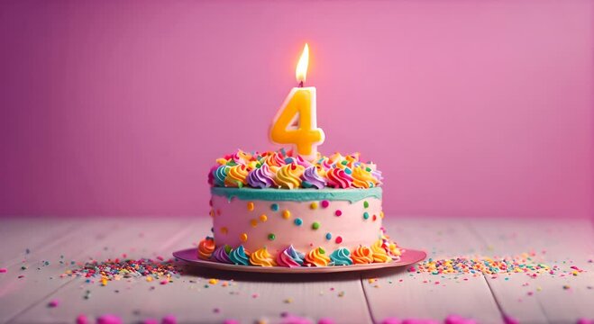 4th birthday celebration cake, with candles in the shape of the number 4.