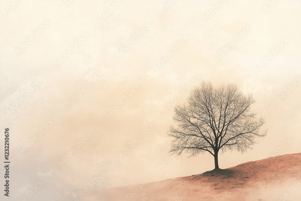 Poster a single tree on a hill under a soft pastel sky, with warm tones and a calming atmosphere, minimalis