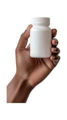 Black woman's hand holding a white plastic bottle, Isolated on White Background Cutout