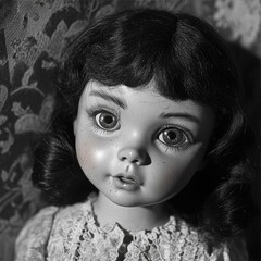 Black and White Porcelain Doll with Dark Hair and Faint Blush in Lace Top Close Up