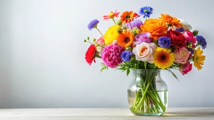 Fototapeta premium Vibrant arrangement of colorful blooms in a delicate glass vase, set against a soft white background