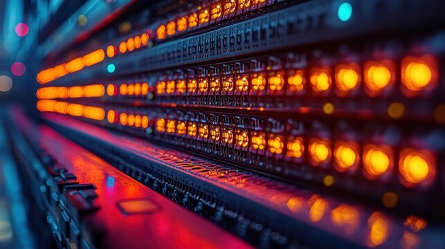 A close-up view of server racks in a data center, highlighting the complexity of cables and vibrant lights - Powered by Adobe
