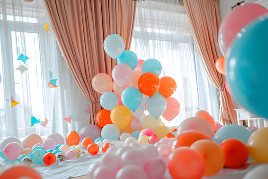 Colorful balloons filling living room for birthday party celebration