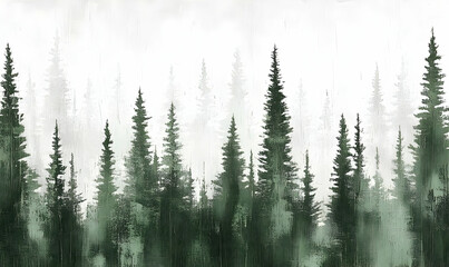 Obraz premium Serene misty forest landscape featuring tall evergreen trees in shades of green, perfect for nature-themed designs and calming backgrounds.