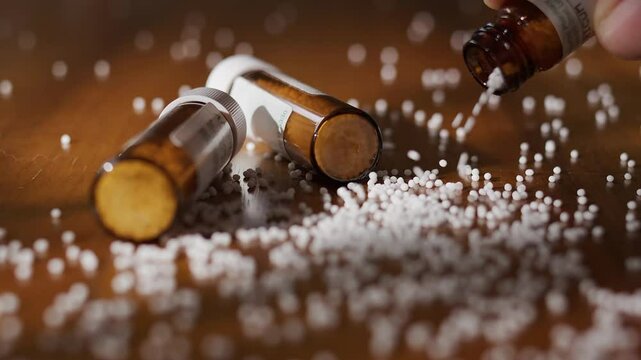 Homeopathy Globules falling on a table with brown bottles in super slow motion.