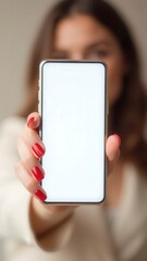 Businesswoman showing smartphone with white display for mockup